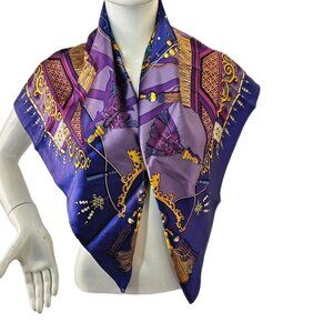 Wensli Mulberry Silk 35" Sq Scarf Vibrant Purples and Gold Hand Turned Edges